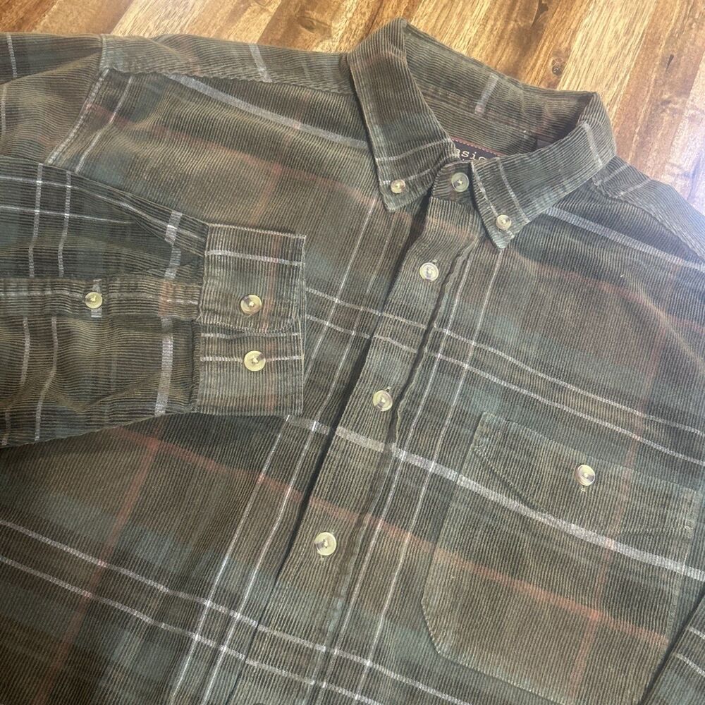 Vintage 90s Basic Options Corduroy Shirt Large Mens Green Red Plaid Flannel Shac